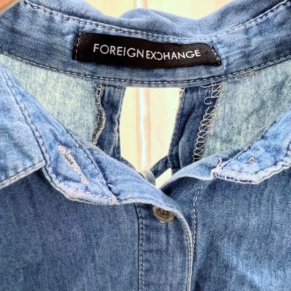 Foreign Exchange Fringe Lace Up Back Sleeve Adjust Loop Denim Shirt - Picture 5 of 7